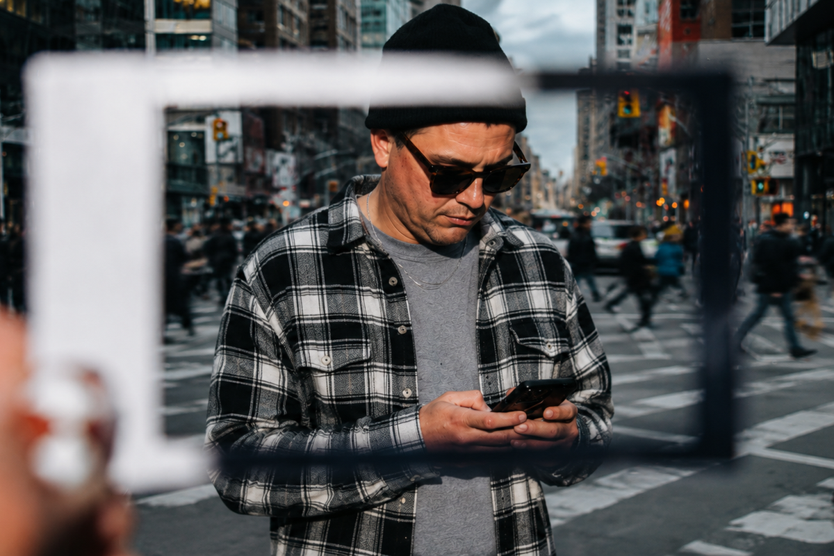 A man in sunglasses and a plaid jacket looks down at his phone while standing in a busy city crosswalk, seen through a blurred picture-frame prop in the foreground