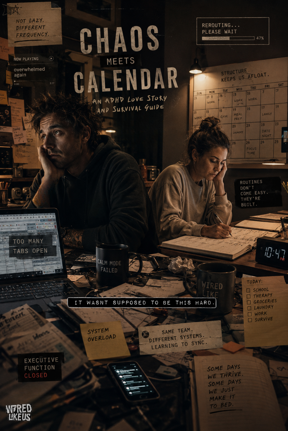 Chaos Meets Calendar book cover — a husband and wife sit at a cluttered desk surrounded by notes, calendars, and reminders, illustrating life with ADHD
