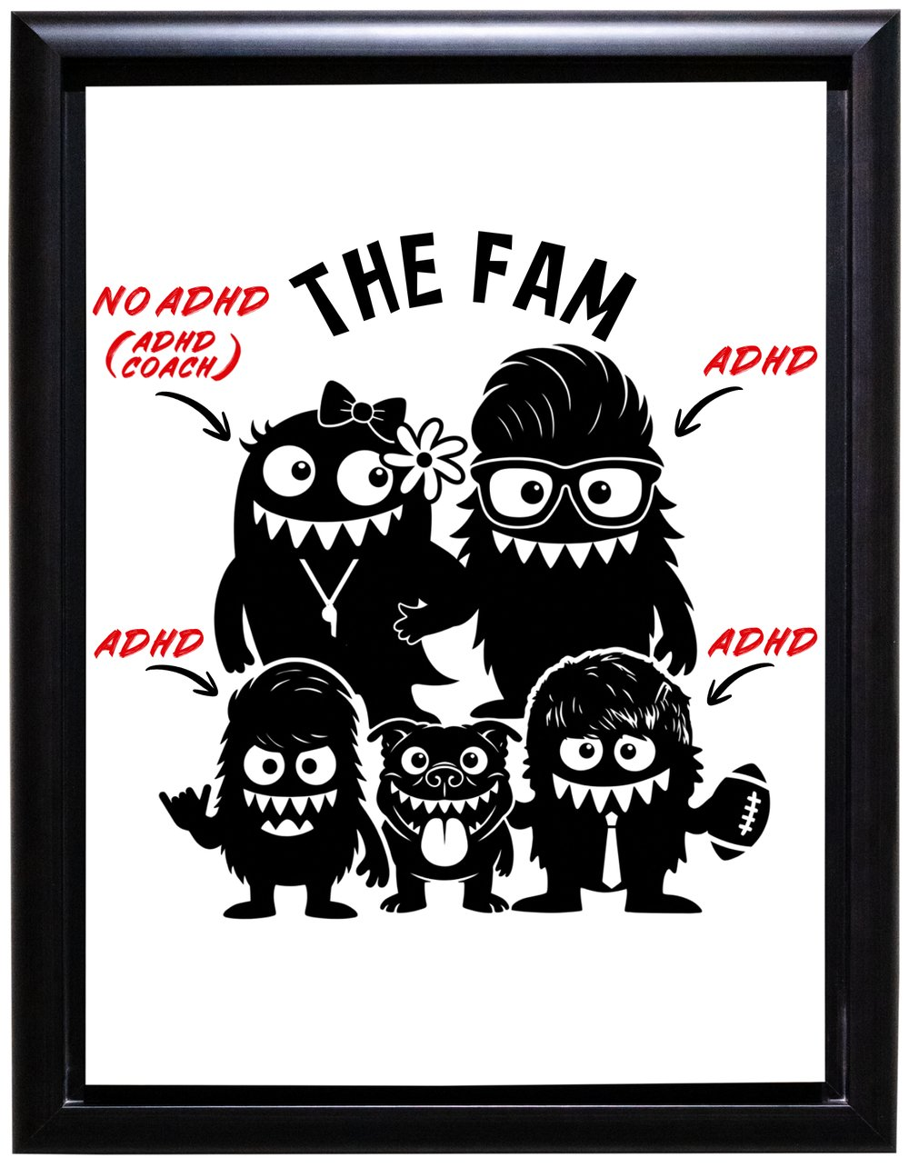 The Fam — illustrated family portrait showing who in the family has ADHD