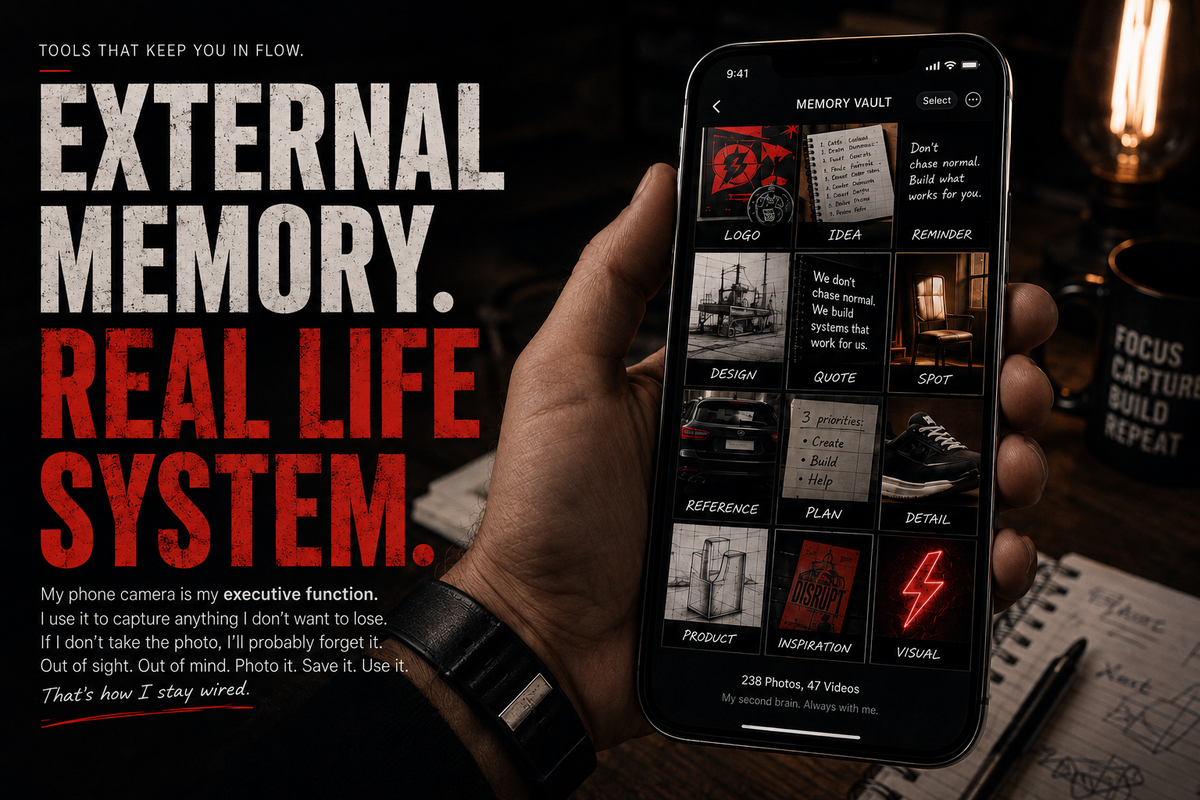 A hand holding a phone displaying a grid of saved photos labeled Logo, Idea, Reminder, Design, Quote, Spot, Reference, Plan, Detail, Product, Inspiration, and Visual, with a lit lamp and notebook in the background