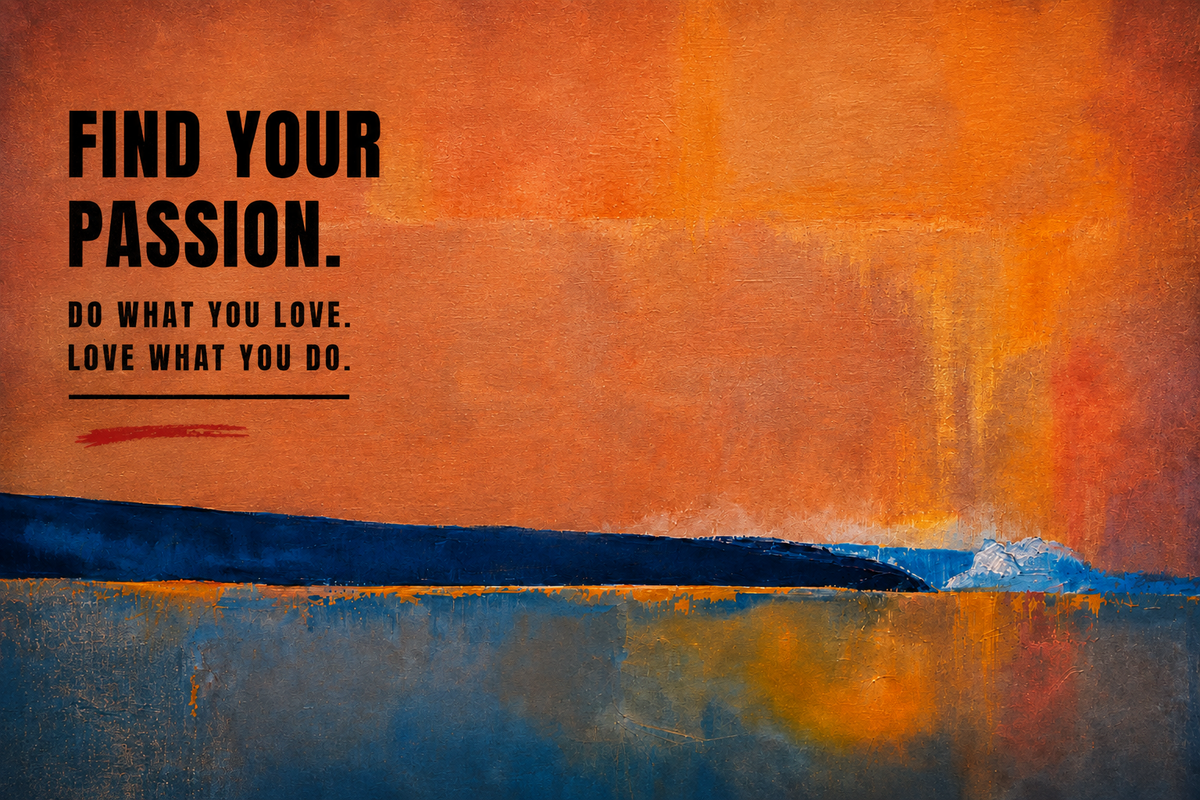 Abstract oil painting in warm orange and red tones above a dark blue horizon line with reflection below, textured brushwork throughout
