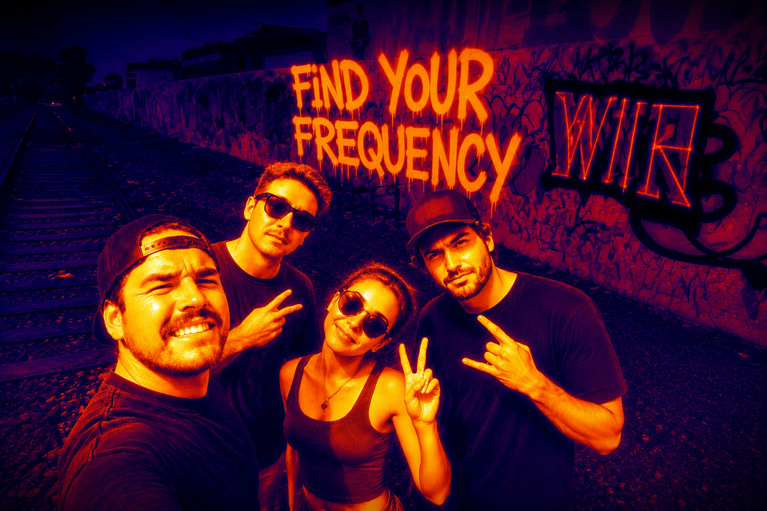 Four friends taking a selfie together at night in front of a wall spray-painted with FIND YOUR FREQUENCY and a WLU tag, lit in warm orange and purple tones