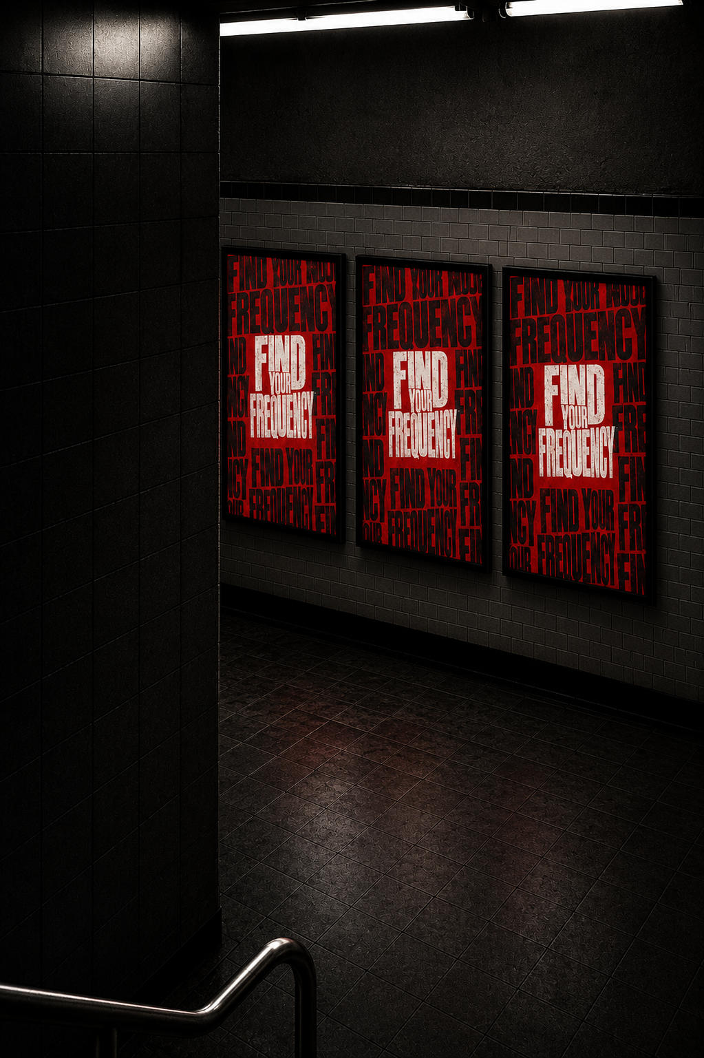 Three framed red subway posters reading Find Your Frequency