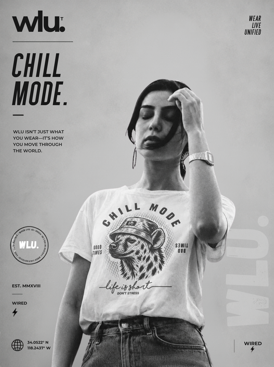 Woman wearing a Chill Mode graphic t-shirt