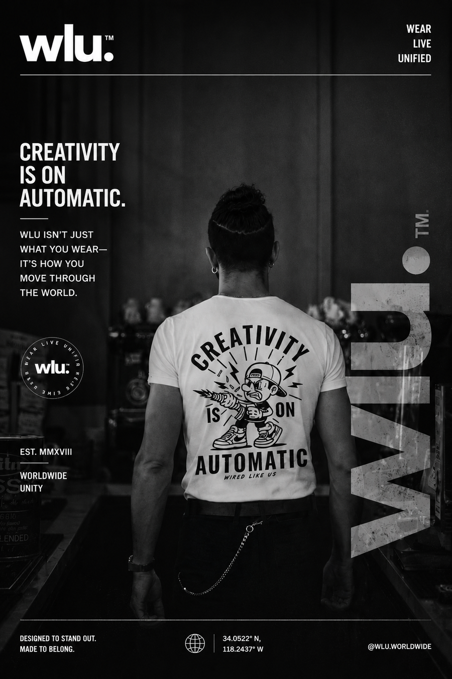 Person walking away wearing a Creativity Is On Automatic t-shirt