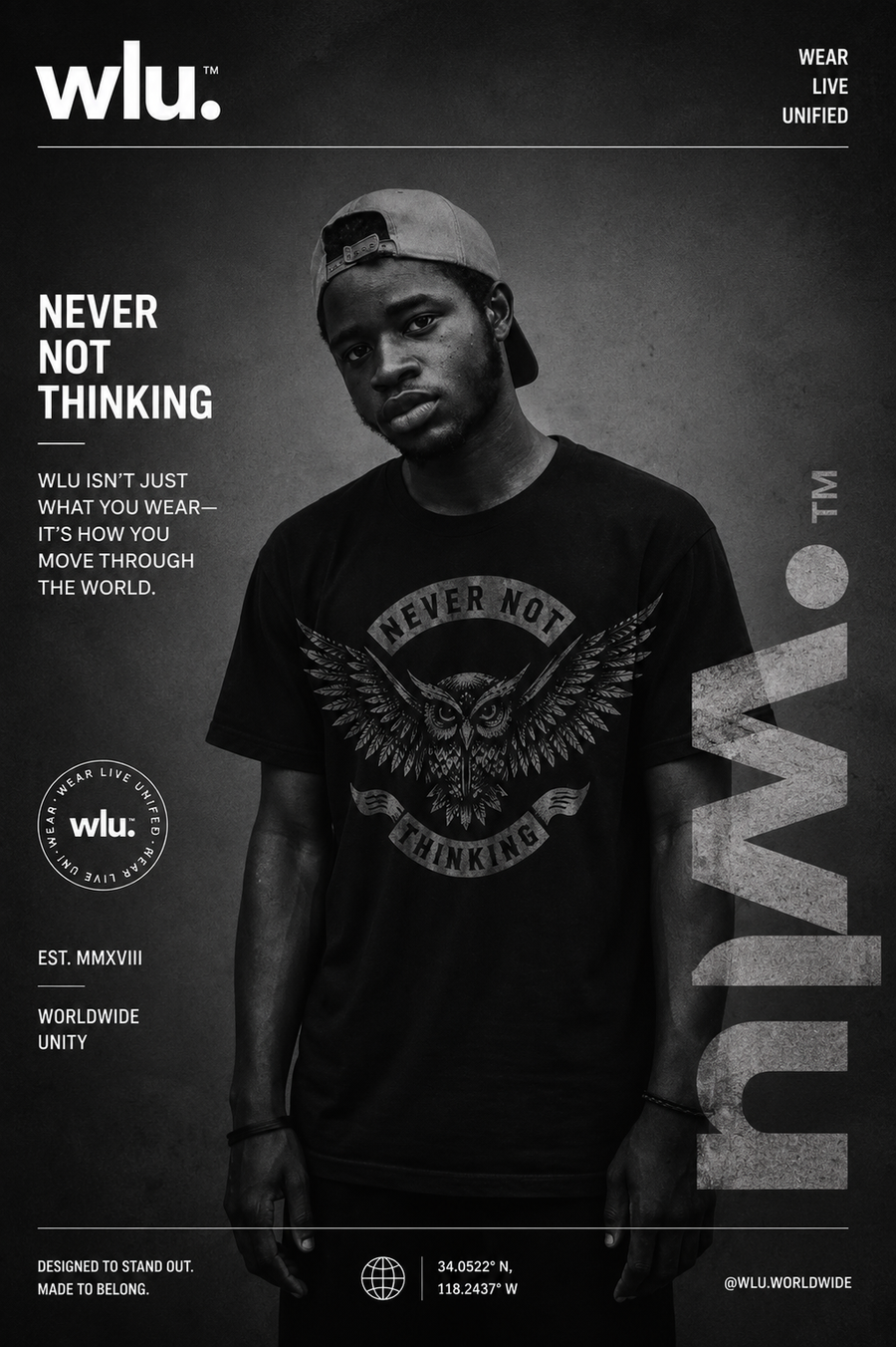 Man wearing a Never Not Thinking graphic t-shirt with an owl design