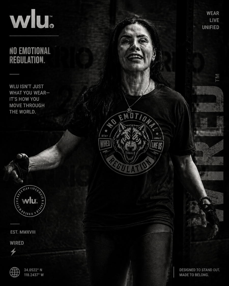 Woman wearing a No Emotional Regulation graphic t-shirt with a wolf design